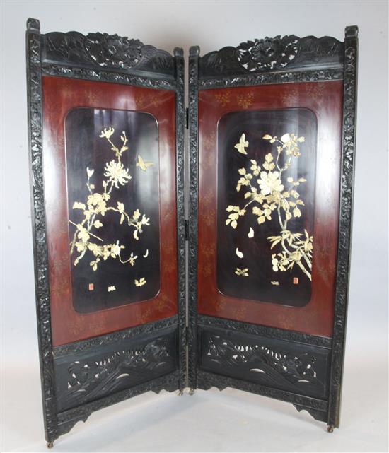 A Japanese shibayama style inlaid lacquer two fold screen, late 19th century, height 183cm width 166cm